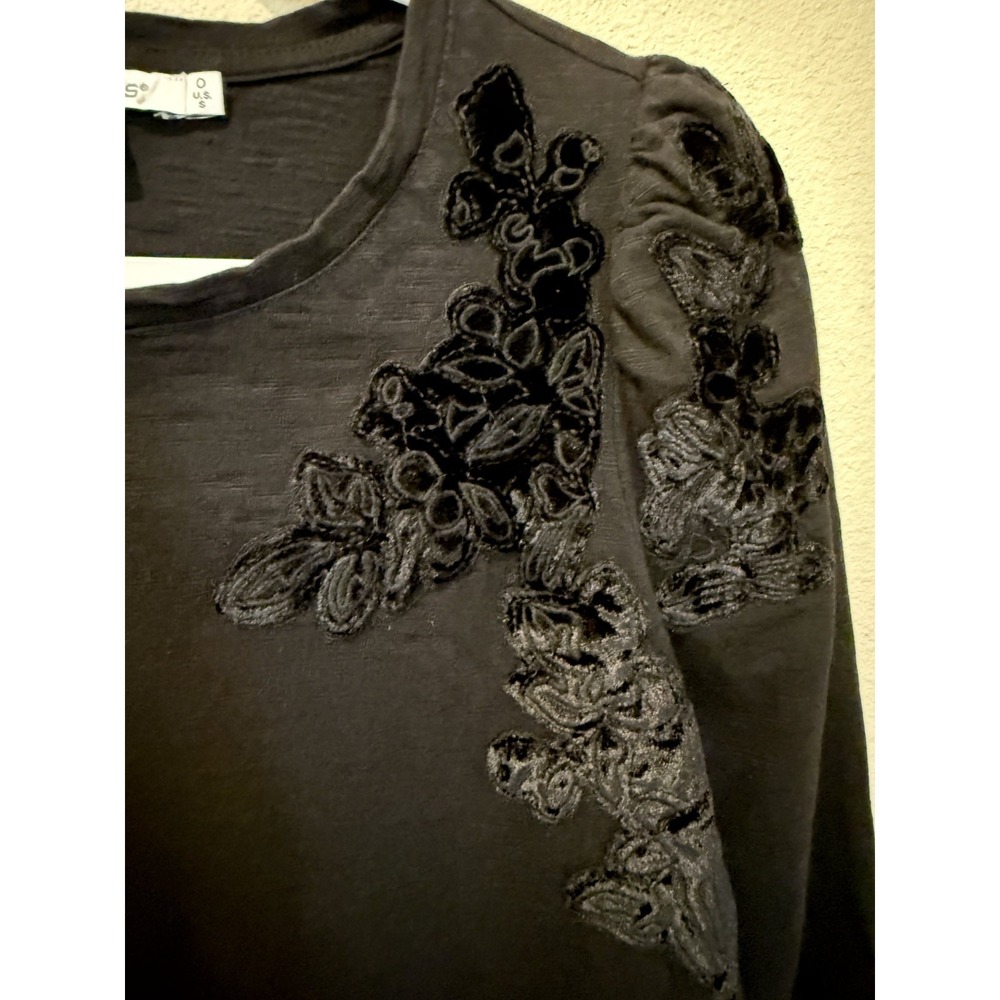 Chico's Womens Velvet Embroidered Puff Sleeve Top S Black Whimsigoth Romantic
